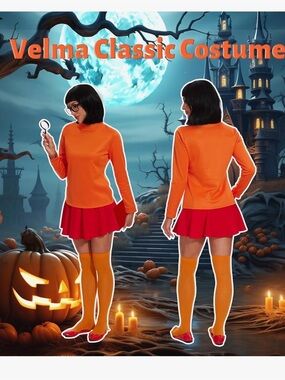Scooby-Doo Velma costume set orange top and socks, red skirt, glasses, and  wig